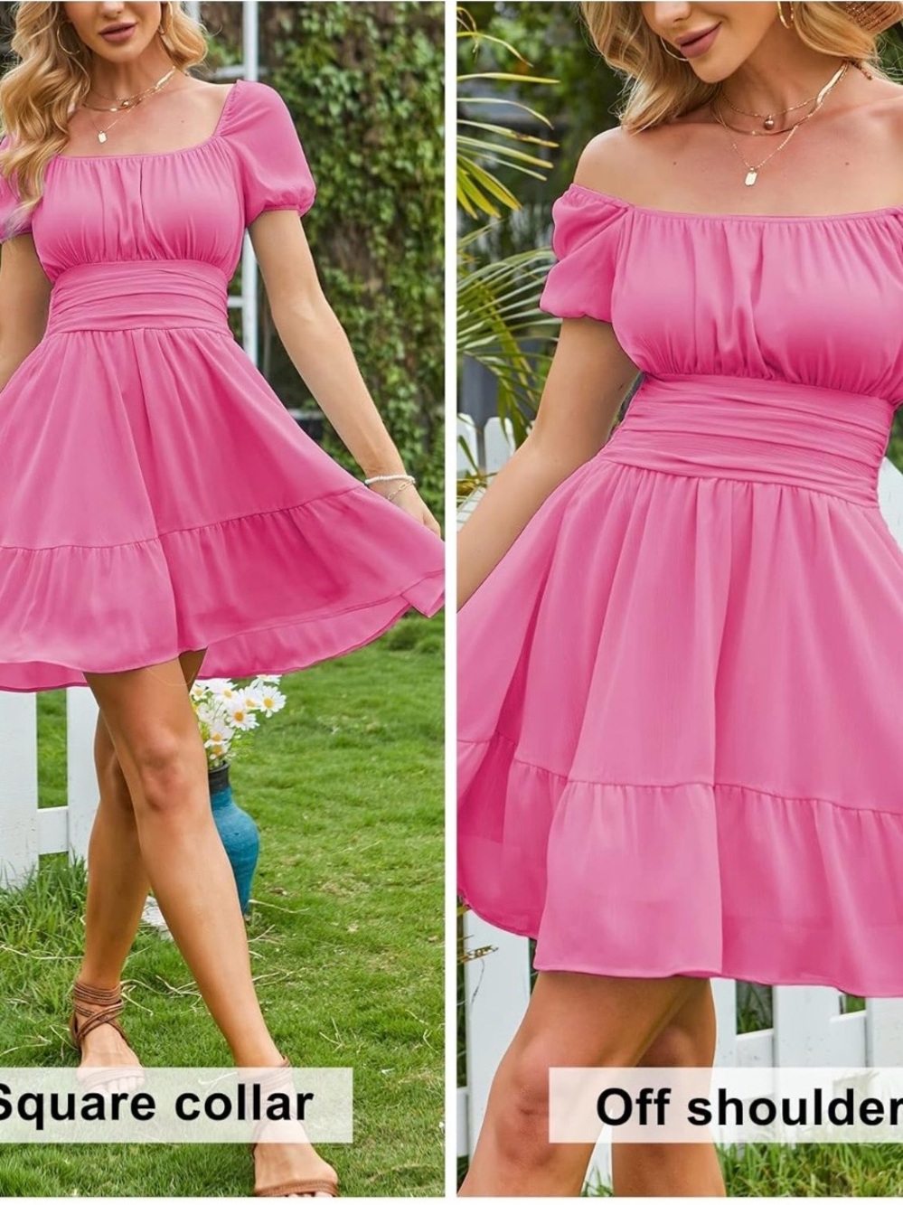Exlura Women’s Pink Square-Neck Ruffle Mini Dress with Puff Sleeves - Picture 2 of 12